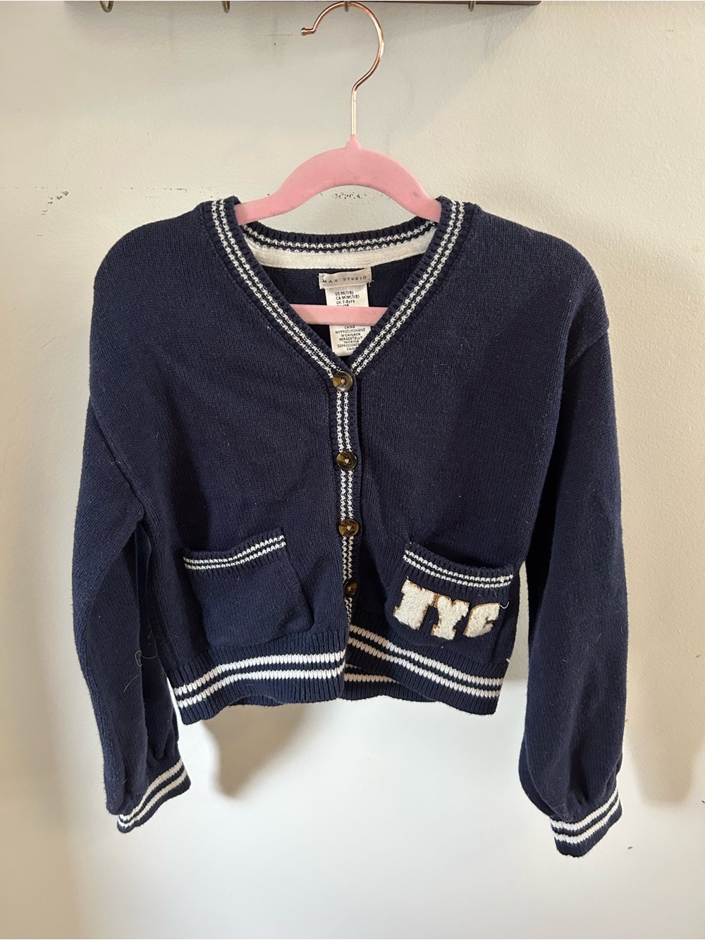 Navy Knit Cardigan with Stripe Trim and Matching Pleated Skirt - Kids